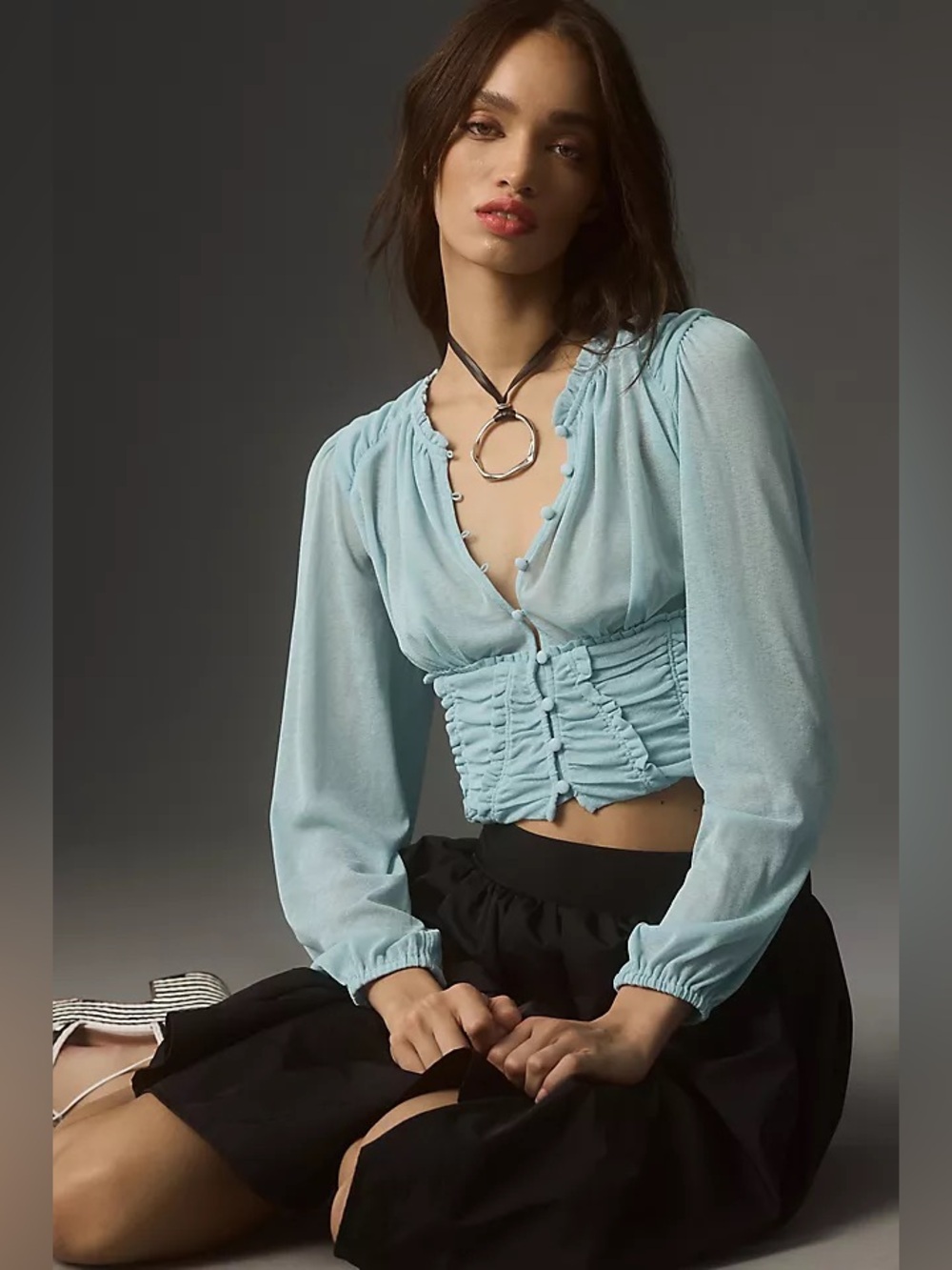 ANTHROPOLOGIE Long-Sleeve Femme Ruched Cropped Top Blue Mesh Small